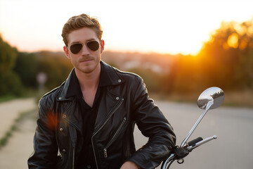 Handsome man in black leather jacket enjoys sunset ride on motorcycle