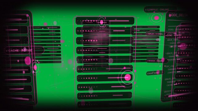 Network interface visualizing data, magenta blob emerging and linking nodes, transparent background