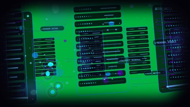 HUD shifting on clear bg, nodes pulsing and emitting dots, causing panel steady showing data flow