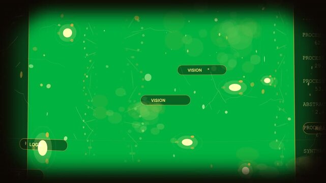 HUD left ring pulsing, nodes clustering and flowing, displaying process stats on transparent field