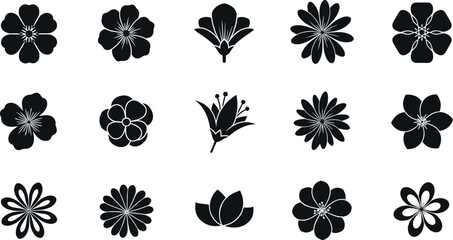 Obraz premium Black Floral Icon Set Featuring Stylized Flowers, Blossoms, Lotus, and Botanical Silhouettes for Logos, Patterns, Packaging, and Decorative Design Projects
