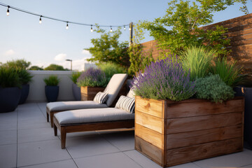 Elegant rooftop relaxation with lush greenery and wooden lounges