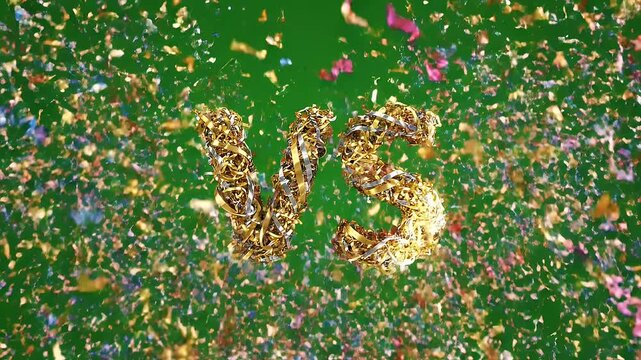 Golden "VS" text on green background with falling confetti