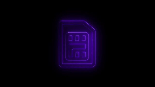 Glowing neon SIM card icon animation on black background in futuristic digital style. Mobile network, telecom communication and wireless data technology concept motion graphic. 4k video