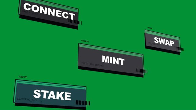 Near-black frame fading, UI cards sliding, rotating in on transparent BG, emphasizing STAKE