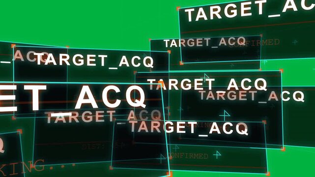 Camera zooming HUD panels unfolding TARGET_ACQ scaling 450m showing on transparent BG locking