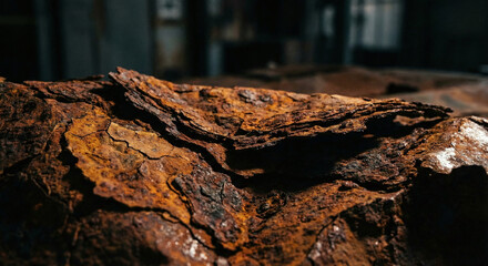 Fototapeta premium Extreme close-up of thick layers of heavily corroded and flaking rust on a metal surface in a dark industrial environment