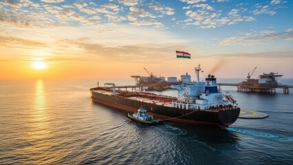 Fototapeta premium Large cargo ship sailing on the ocean under a beautiful sunset sky