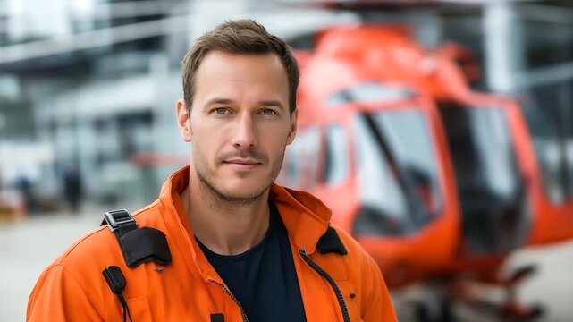 Faceless man in orange uniform paramedic standing in front of red rescue helicopter, emergency aviation services, with copy space