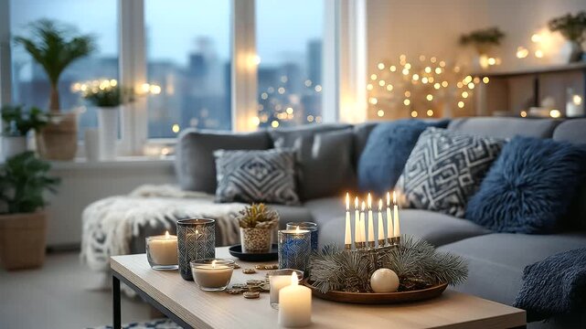 Cozy living room decorated for Hanukkah celebration with festive scene including lit menorah dreidels and gelt, traditional Jewish holiday, with copy space