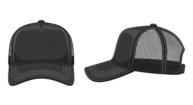 Two views of a black trucker cap, front and side profile, with mesh back and contrast stitching on white background
