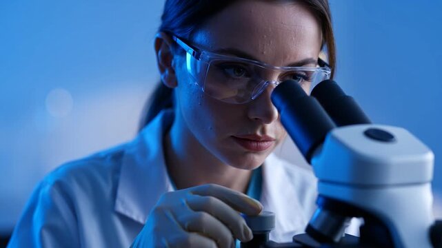 Scientist in lab coat and safety goggles examining sample under microscope with blue lighting