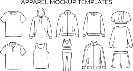 Naklejka premium Set of apparel mockup templates featuring casual garments and sportswear outlines isolated on a white background for retail.