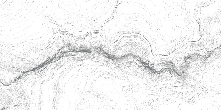 Topographic contour lines representing a winding river valley with dense parallel lines indicating steep terrain and lighter lines showing gentler slopes in grayscale