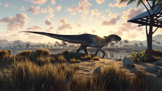 Dinosaur Walking by Lake at Sunrise Prehistoric Landscape