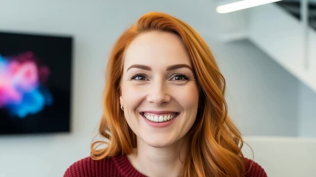 Happy redhead woman smiling in a contemporary workspace environment
