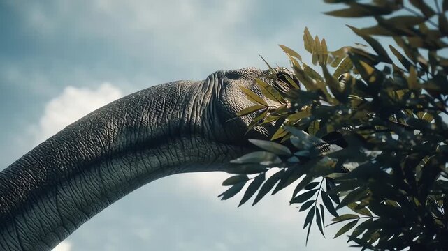 Brachiosaurus eating leaves from a tall tree under blue sky