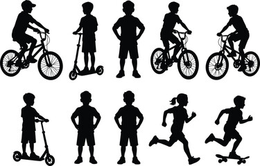 Kids Activities Silhouette Vector Set, Children Riding Bicycle Scooter and Skateboard, Running and Standing Poses, Active Lifestyle Illustration Isolated on White Background © MstSalema