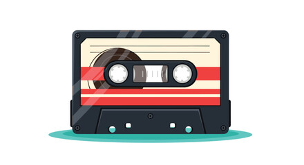 Naklejka premium A black cassette tape with a cream and red striped label sits on a teal shadow against a plain white background.