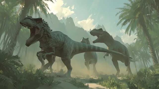 Tyrannosaurus Rex Herd Raging Through Prehistoric Jungle