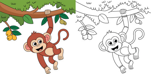Playful cartoon monkey hanging from a tree branch with ripe yellow fruit, shown in both color and outline for creative coloring fun © what's a beautiful