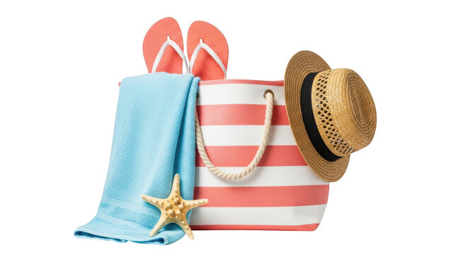 Beach bag with towel, starfish, hat, and flip flops isolated on transparent background