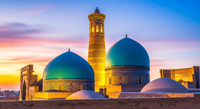 Islamic minaret and turquoise domes at sunset mosque