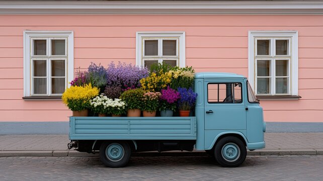 Ein mobiler Blumenladenwagen in einer sonnigen Stra&szlig;e pr&auml;sentiert bunte Blumenk&uuml;bel und ein Tablet-Rechnungssystem.