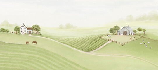 Naklejka premium Watercolor landscape with countryside, house, farm, animals and trees on background green fields and hills. Hand drawn panoramic print with beautiful natural composition, ecology illustration.