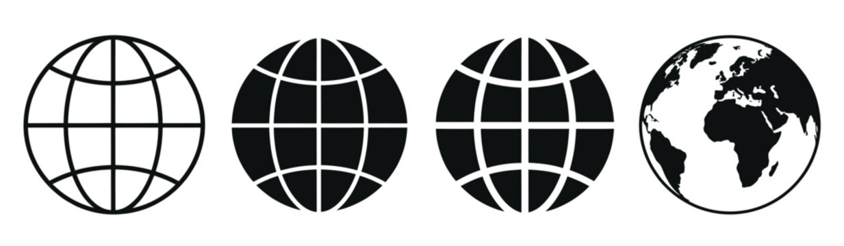 Globe icon set in outline and solid black styles, world map, continents, and global symbol