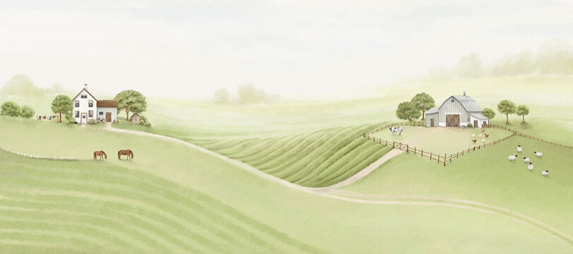 Watercolor landscape with countryside, house, farm, animals and trees on background green fields and hills. Hand drawn panoramic print with beautiful natural composition, ecology illustration.