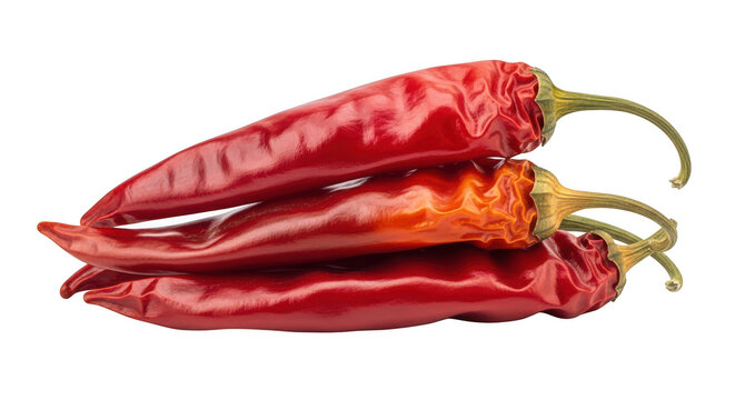 Three dried red chili peppers isolated on transparent background