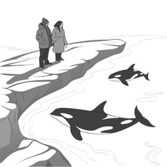 Two people standing on melting polar ice with orcas © MST RAMIJA