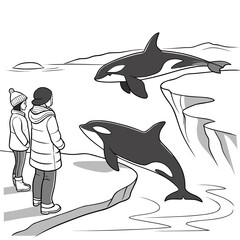 Two people watching orcas jumping out of icy water © MST RAMIJA