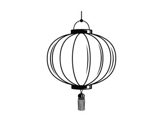 Black outline of a traditional Chinese lantern with a tassel, evoking culture, celebration, and Asian art on a white background.