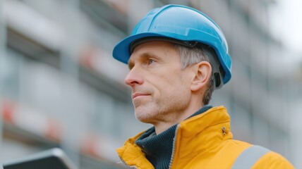 Fototapeta premium Vor-Ort-Strukturanalyse durch einen Ingenieur, der die Daten auf einem Tablet an der Baustelle auswertet.