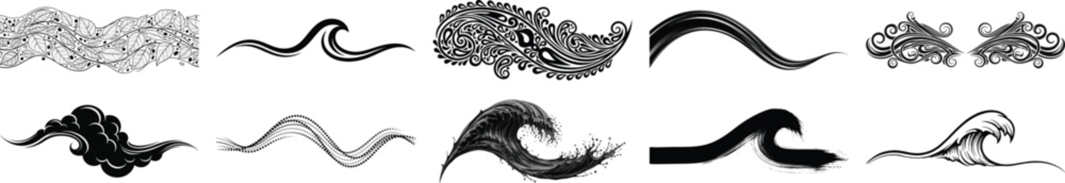 Collection of black and white wave and floral water ocean curl