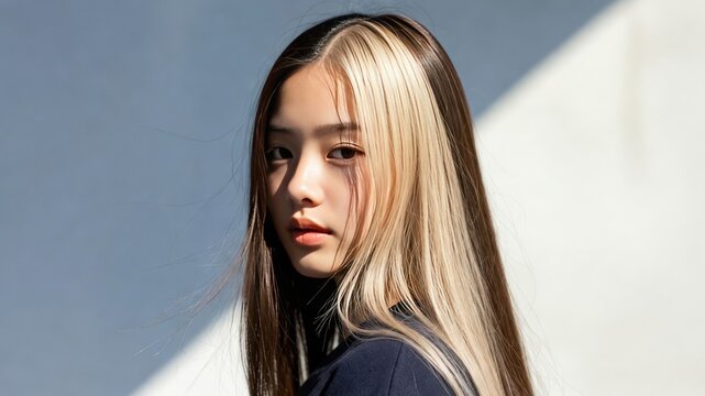Young asian female with long hair and blonde highlights in sunlit setting.