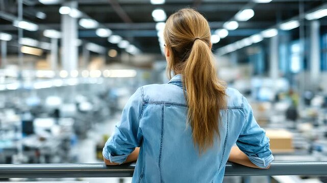 Faceless female production supervisor standing on elevated walkway, overlooking rows of assembled products moving steadily through modern facility, with copy space