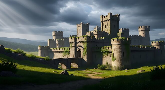 A magnificent ancient stone castle with multiple strong towers, rugged battlements, and a sturdy bridge leading to its impressive main gate, covered in climbing ivy.