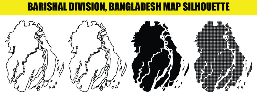 Barishal division bangladesh map silhouette vector set white fill outline solid black dotted