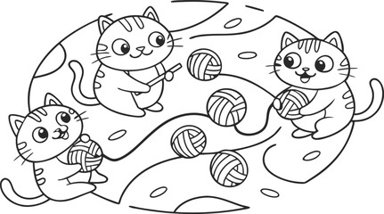 Naklejka premium Coloring pages set with funny doodle cats. Collection with black and white coloring pages. Cute feline animals templates for coloring book in US Letter format. Vector illustration
