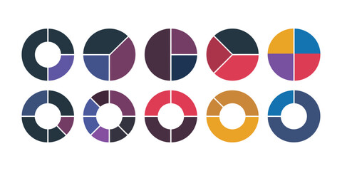 Obraz premium Pie charts set, circle section graphs with different colour circles isolated, vector illustrations representing data visualisation, statistics, business analysis, , progress tracking, and 