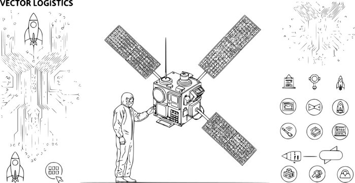 Satellite CubeSat Engineering Silhouette, Aerospace Technology and Space Industry Manufacturing CAD Vector