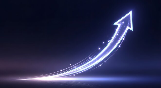 Glowing blue digital upward arrow shape streaks across a dark background symbolizing progress, finance, and fast data transfer rates.