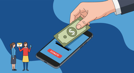 Digital philanthropy and online donation concept showing a hand inserting a dollar bill into a smartphone with a donate button.
