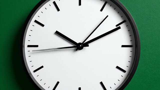 A minimalist clock with a black frame and white face sits on a green background