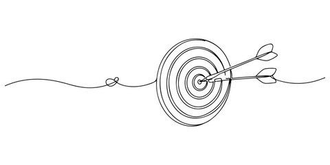 Continuous one line of a darts target with arrow, symbolizing focus, accuracy, and leisure, drawn illustration. © Haus
