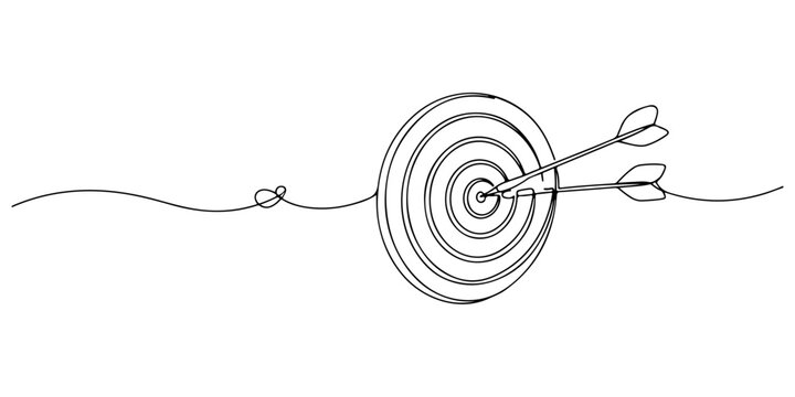 Continuous one line of a darts target with arrow, symbolizing focus, accuracy, and leisure, drawn illustration.