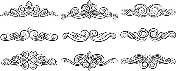 Collection of nine black ornamental scrollwork flourishes and dividers decorative